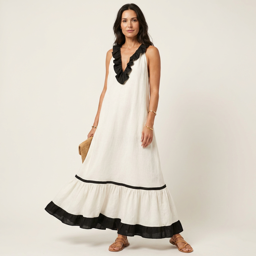 Mayline Sleeveless Ruffle-neck Contrast-trim Maxi in white
