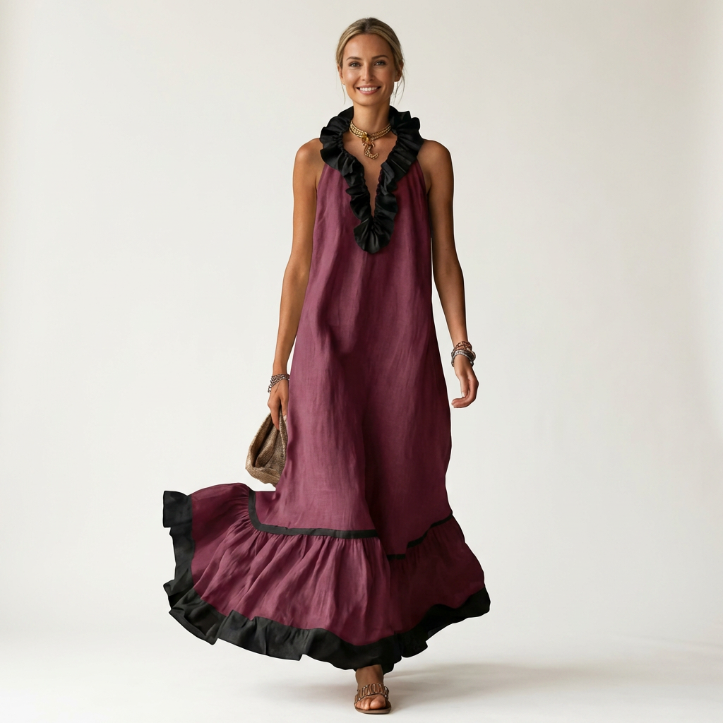 Mayline Sleeveless Ruffle-neck Contrast-trim Maxi in burgundy