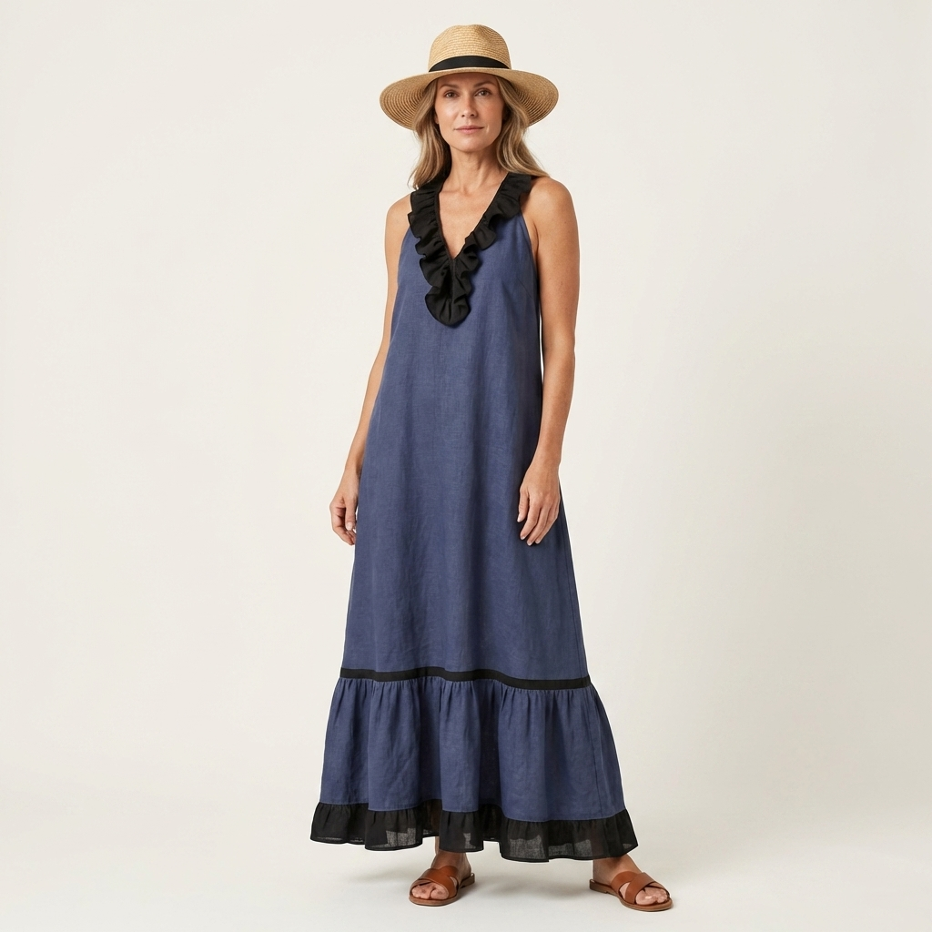 Mayline Sleeveless Ruffle-neck Contrast-trim Maxi in blue