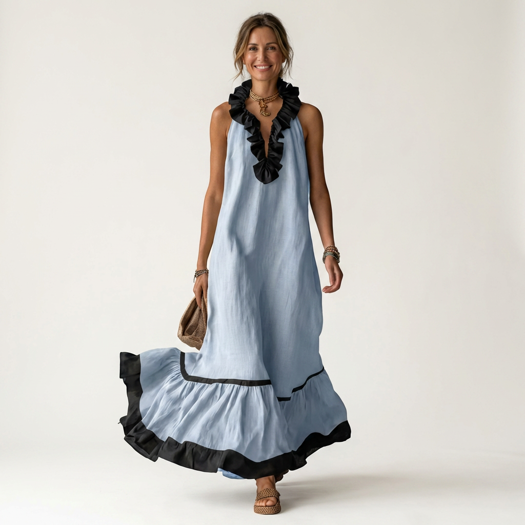 Mayline Sleeveless Ruffle-neck Contrast-trim Maxi in sky blue