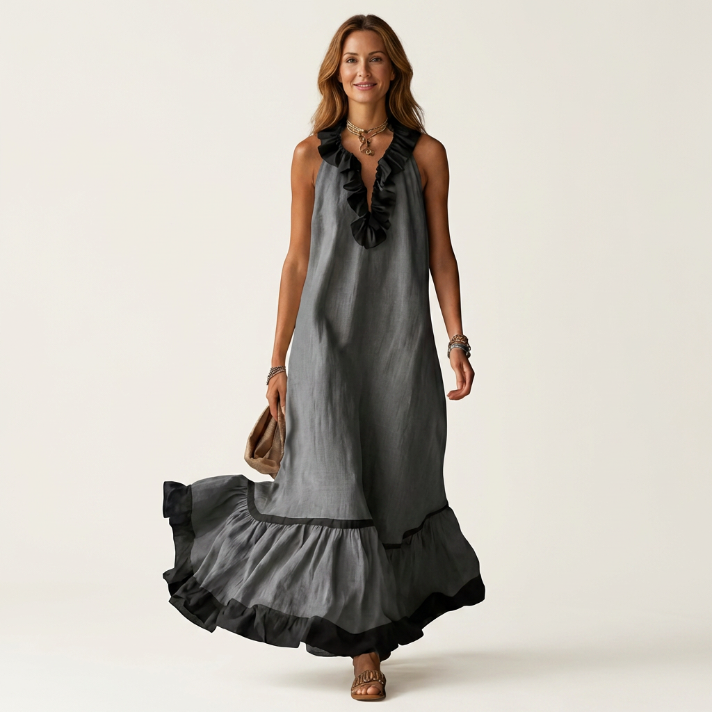 Mayline Sleeveless Ruffle-neck Contrast-trim Maxi in dark gray
