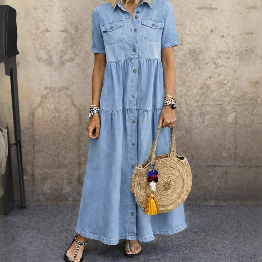 Elizabeth Button-front Midi Dress in sky blue