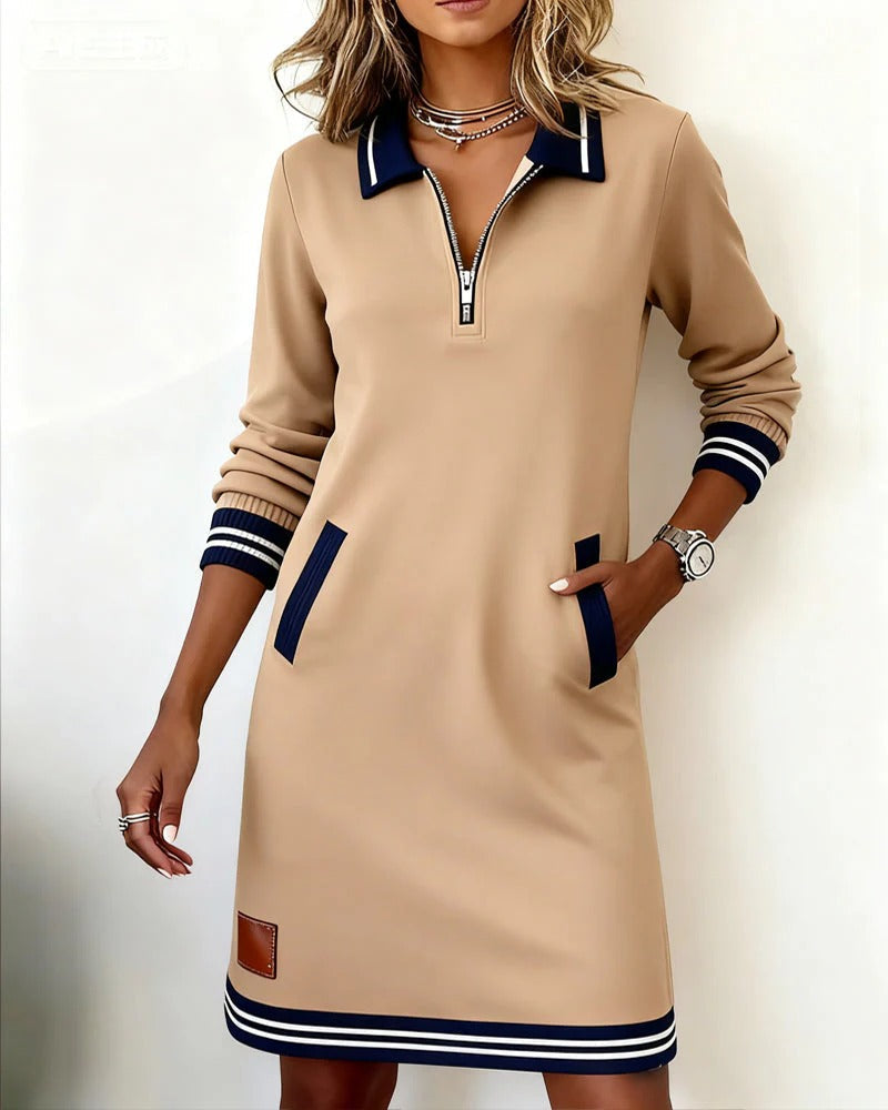 Chic Long Sleeve Cotton Dress in beige