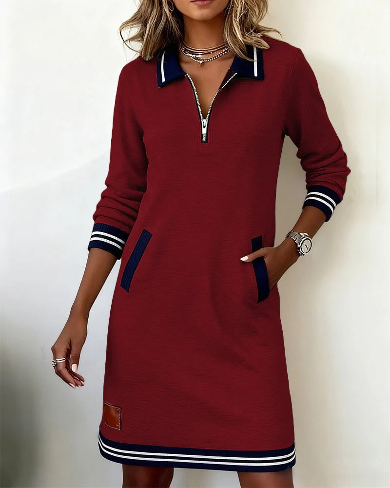 Chic Long Sleeve Cotton Dress in red