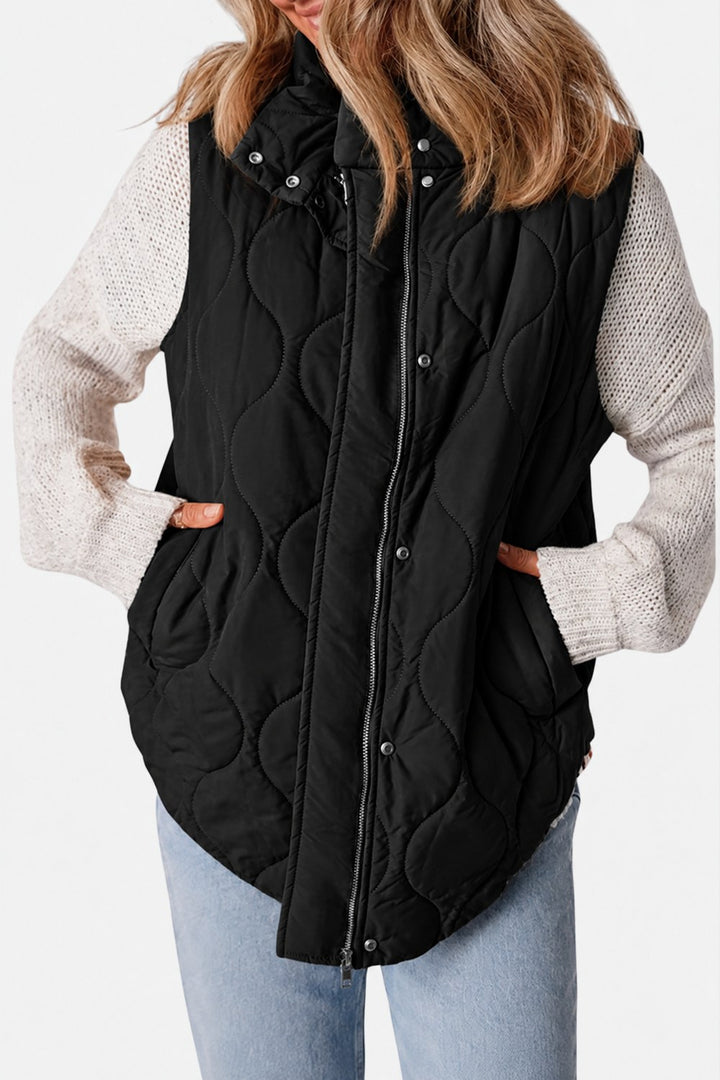 Imogen Quilted Zip-Up Sleeveless Puffer Vest — Black