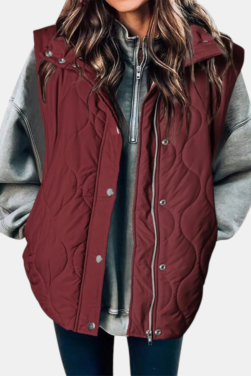 Imogen Quilted Zip-Up Sleeveless Puffer Vest — Burgundy