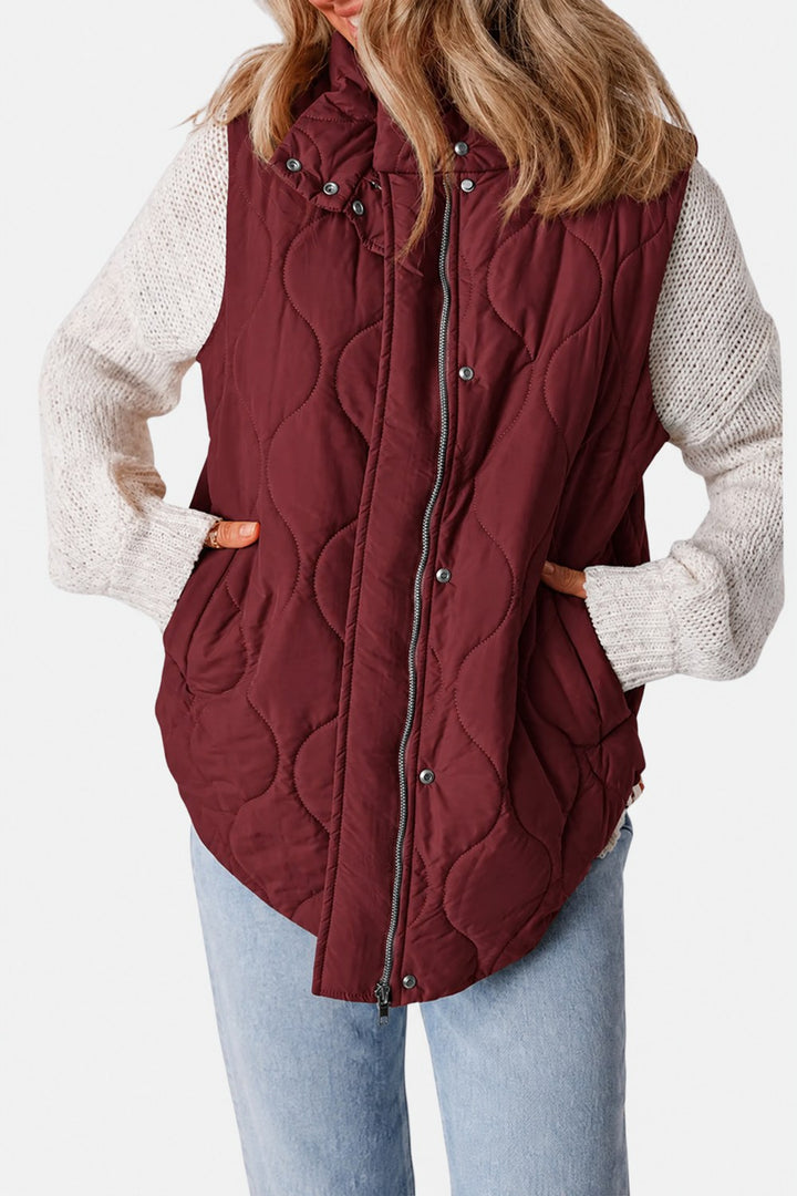 Imogen Quilted Zip-Up Sleeveless Puffer Vest — Burgundy