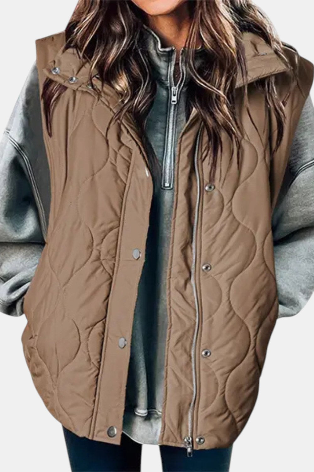 Imogen Quilted Zip-Up Sleeveless Puffer Vest — Camel