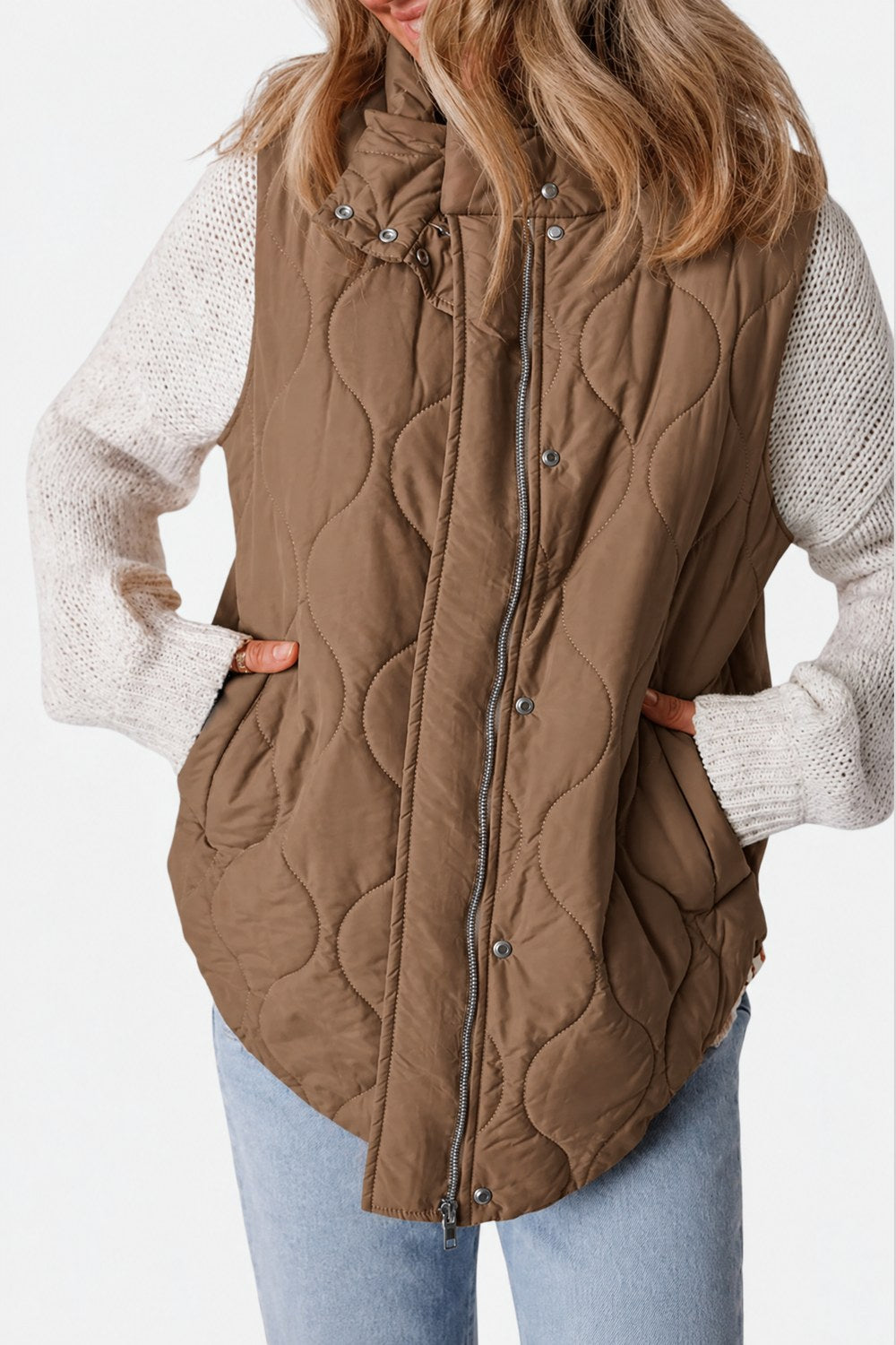 Imogen Quilted Zip-Up Sleeveless Puffer Vest — Camel