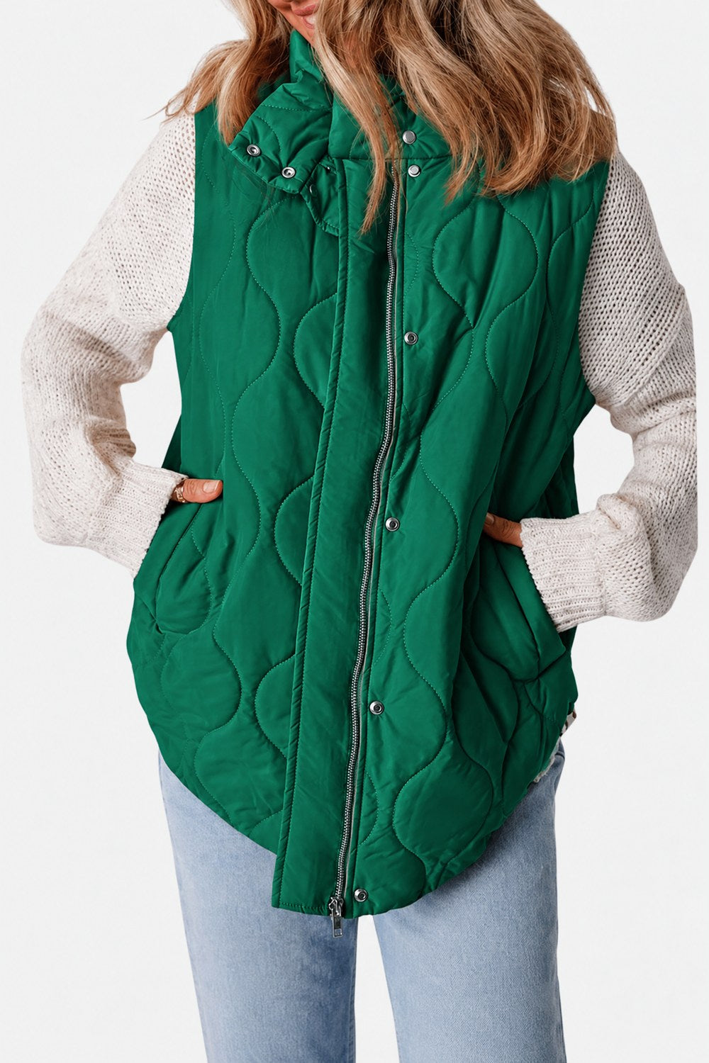 Imogen Quilted Zip-Up Sleeveless Puffer Vest — Emerald