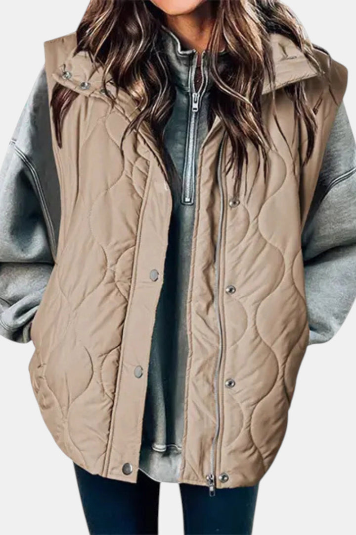 Imogen Quilted Zip-Up Sleeveless Puffer Vest — Sand