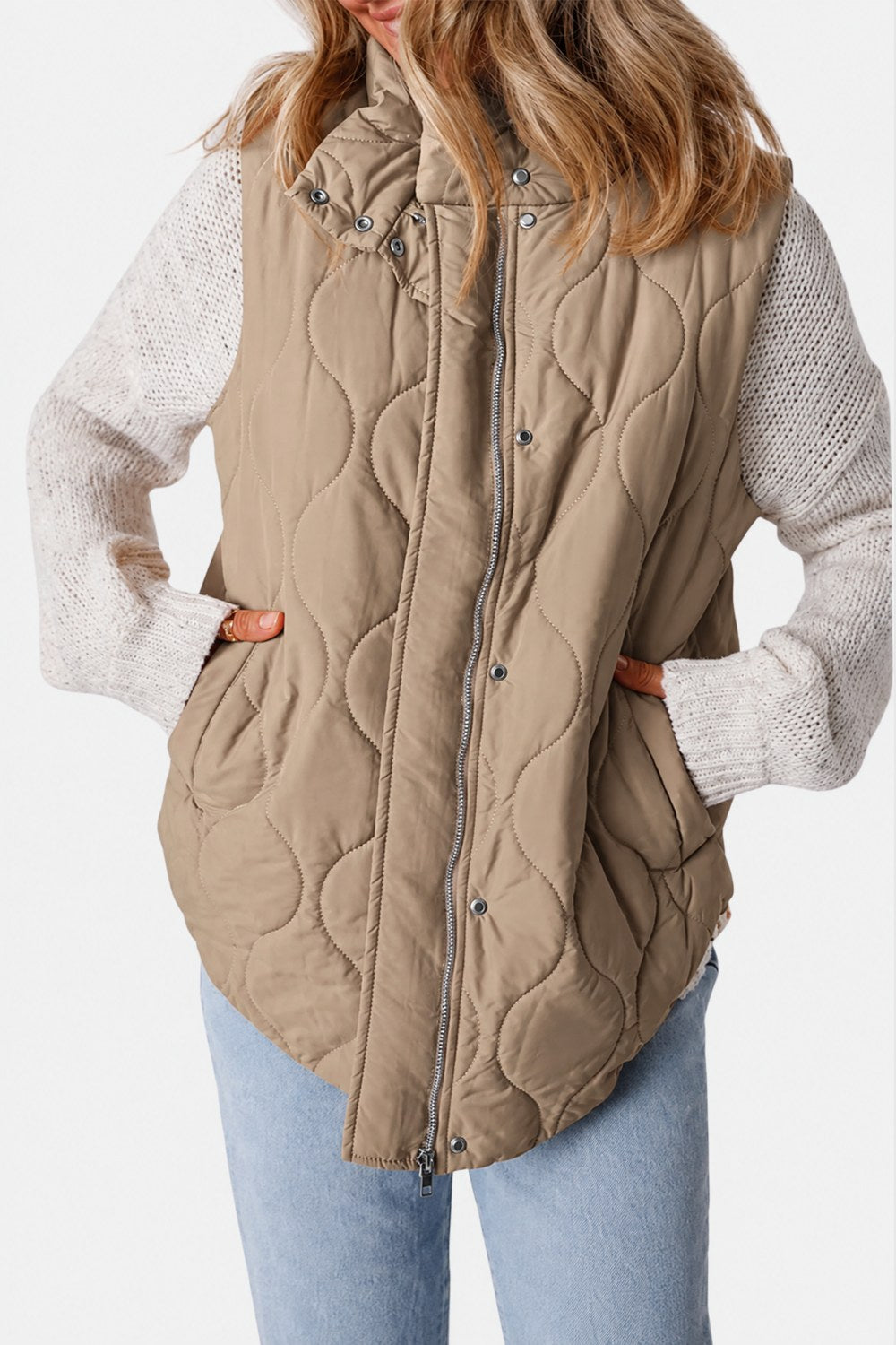 Imogen Quilted Zip-Up Sleeveless Puffer Vest — Sand