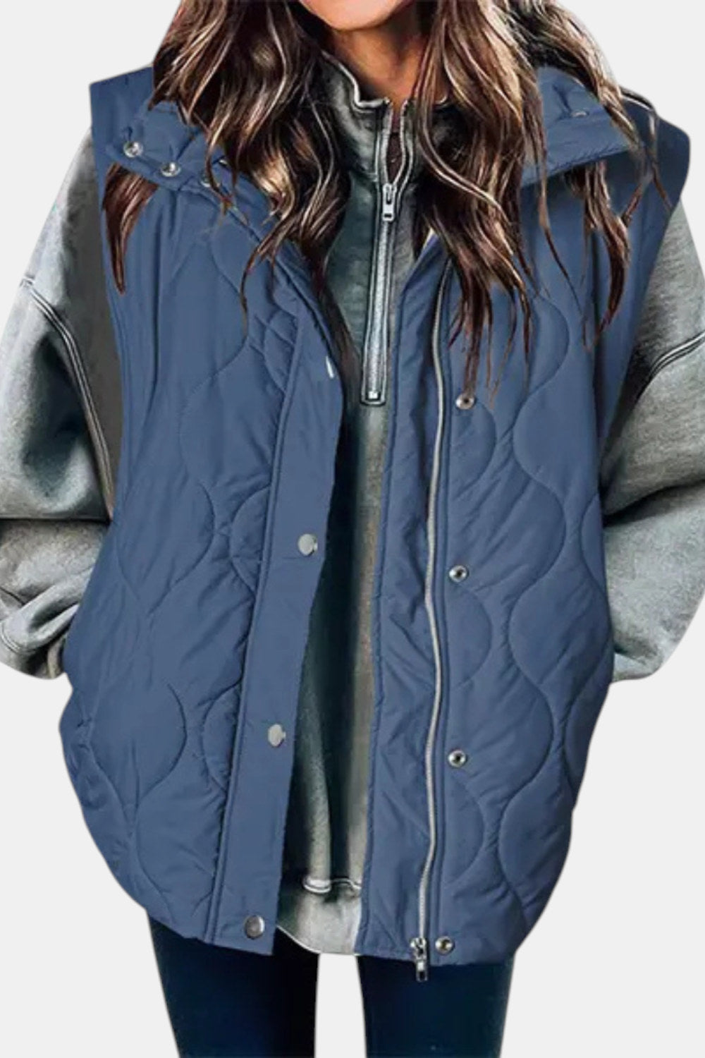 Imogen Quilted Zip-Up Sleeveless Puffer Vest — Slate Blue