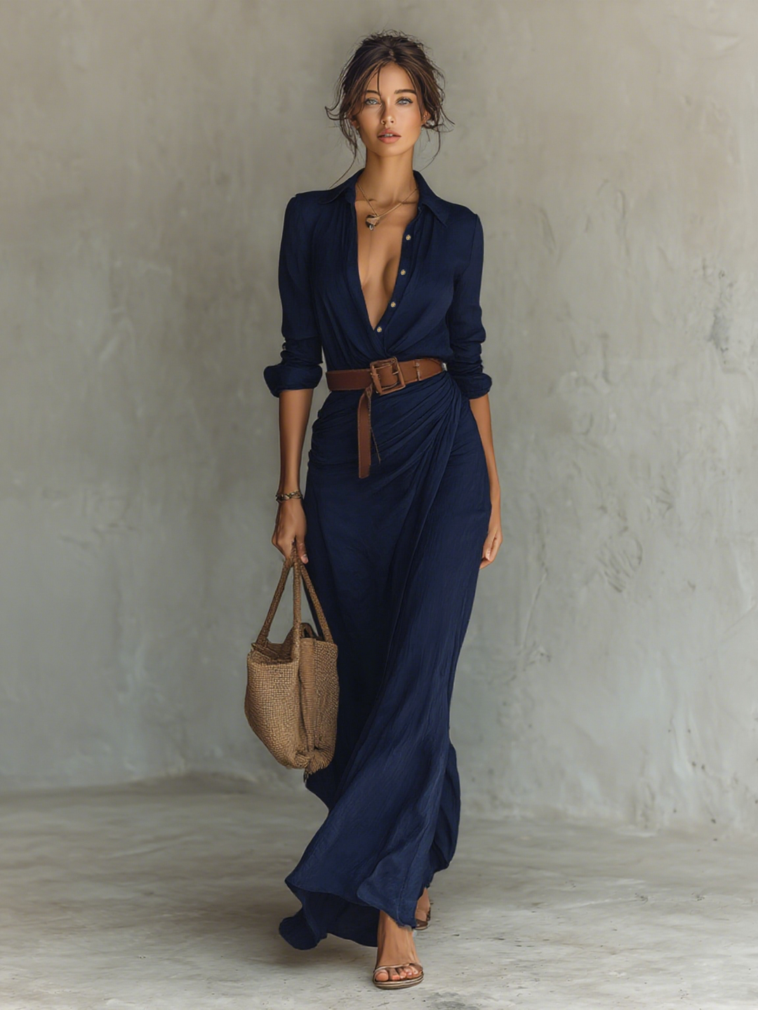 Celestia Draped Shirt Dress in navy blue