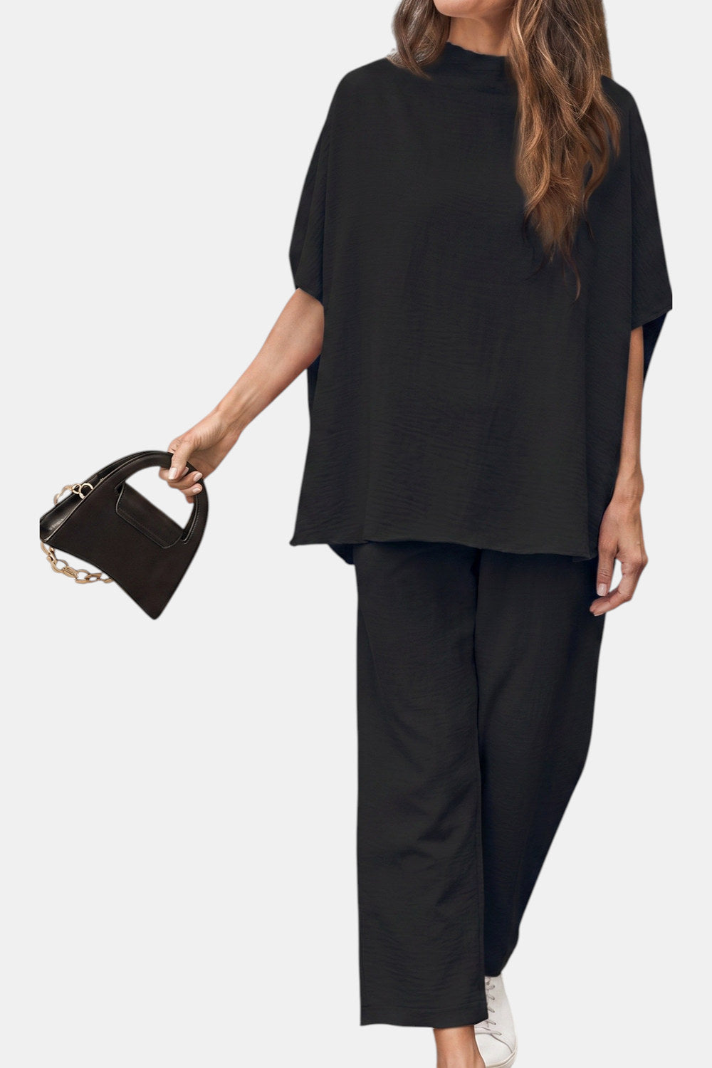 Marisela Mock-Neck Wide-Leg Lounge Set — Black