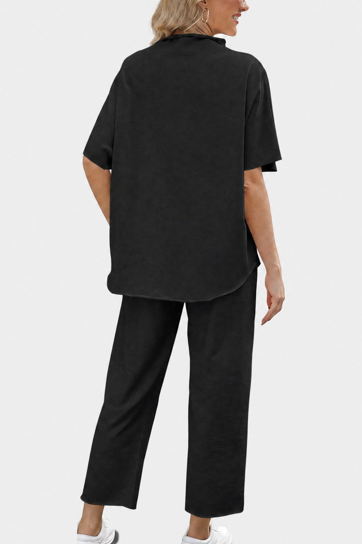 Marisela Mock-Neck Wide-Leg Lounge Set — Black
