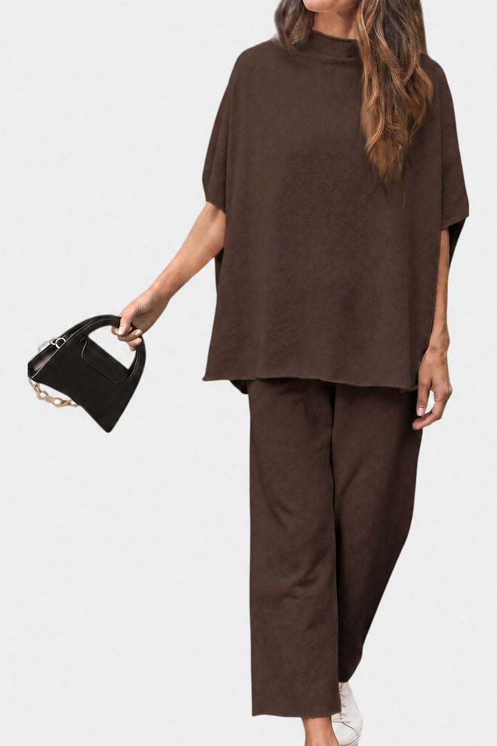 Marisela Mock-Neck Wide-Leg Lounge Set — Chocolate