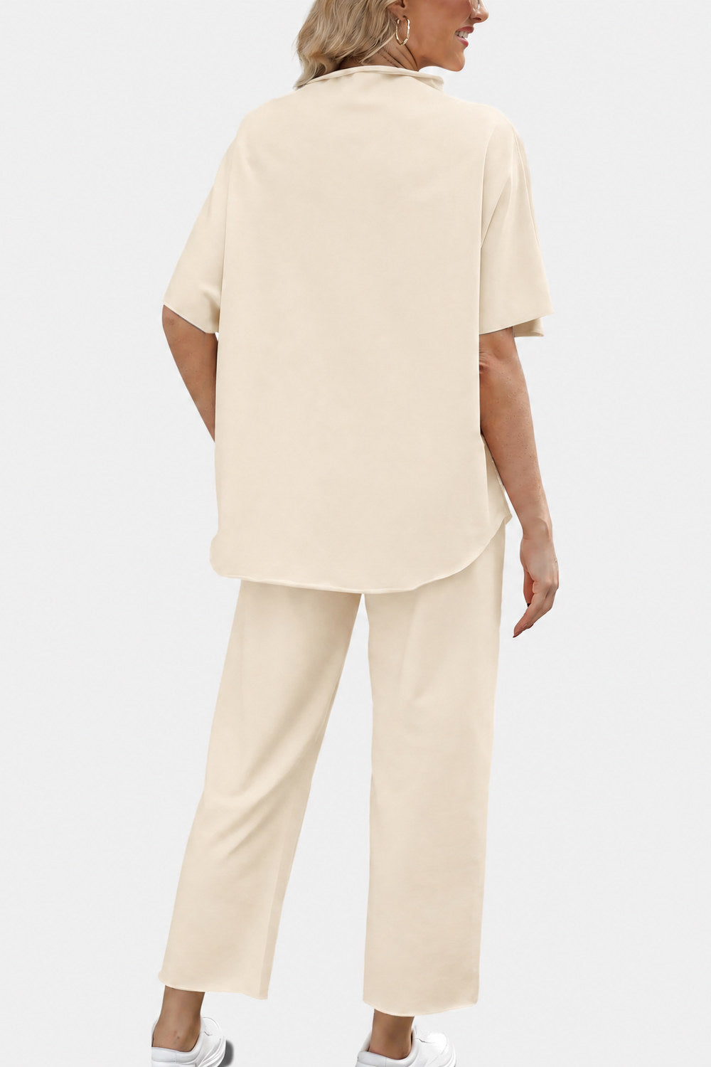 Marisela Mock-Neck Wide-Leg Lounge Set — Cream