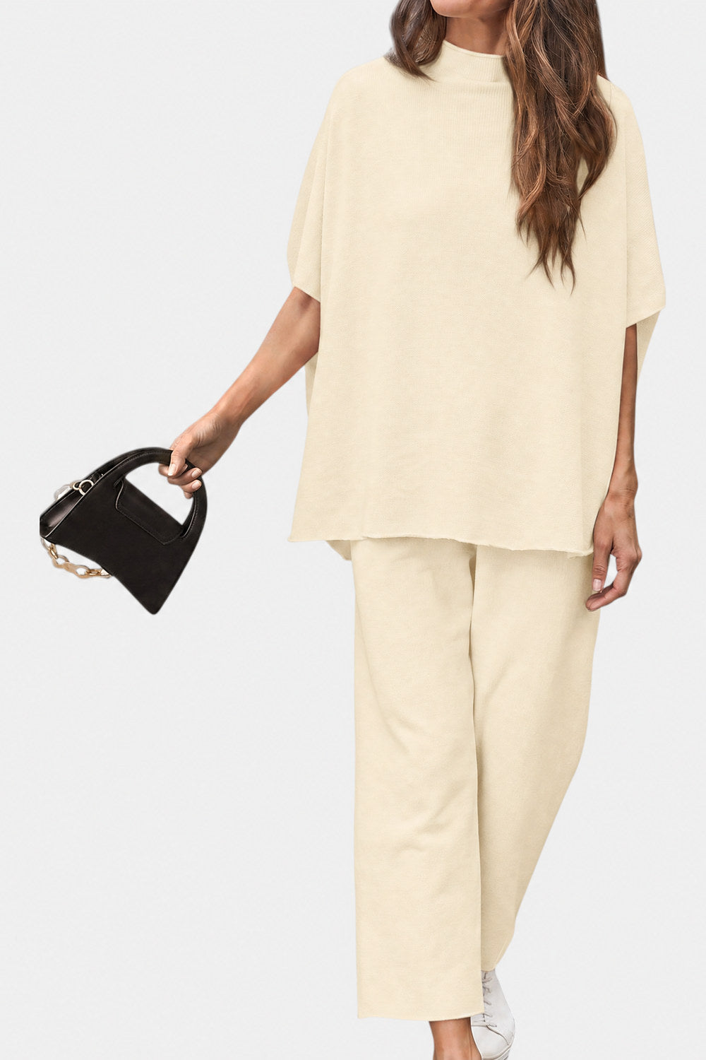 Marisela Mock-Neck Wide-Leg Lounge Set — Cream