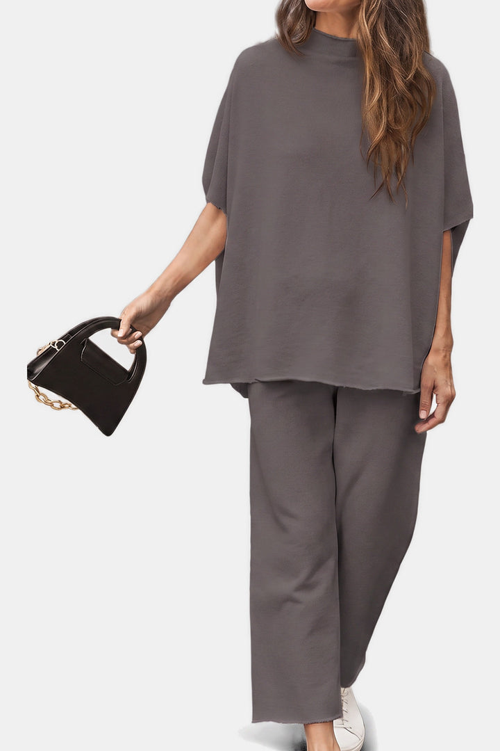 Marisela Mock-Neck Wide-Leg Lounge Set — Gray