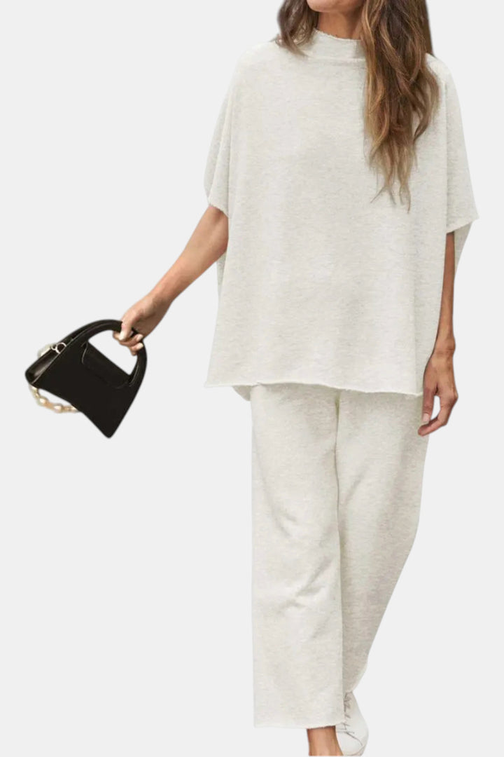 Marisela Mock-Neck Wide-Leg Lounge Set — Light Gray