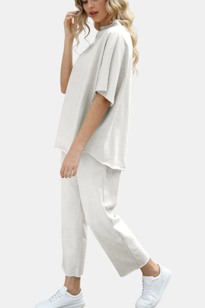 Marisela Mock-Neck Wide-Leg Lounge Set — Light Gray