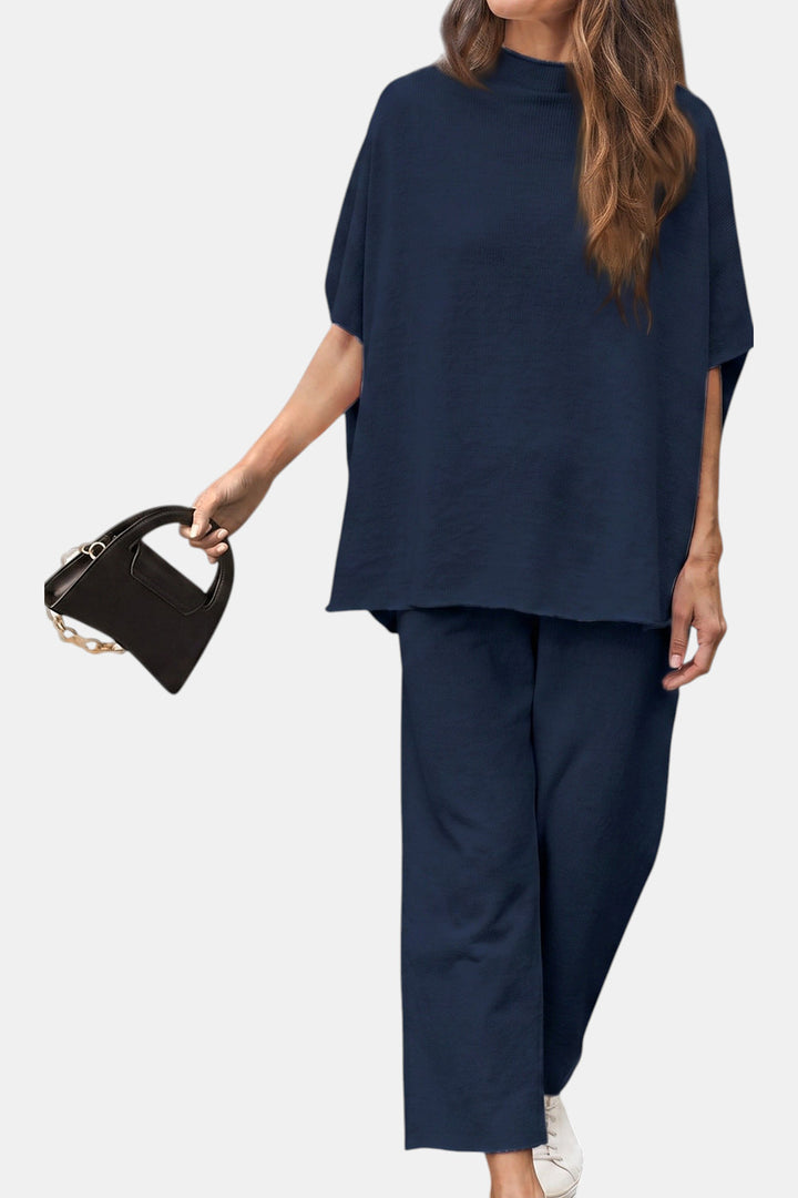 Marisela Mock-Neck Wide-Leg Lounge Set — Navy