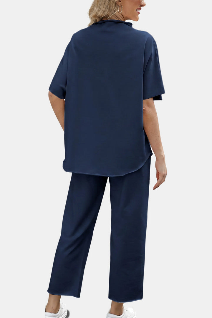 Marisela Mock-Neck Wide-Leg Lounge Set — Navy