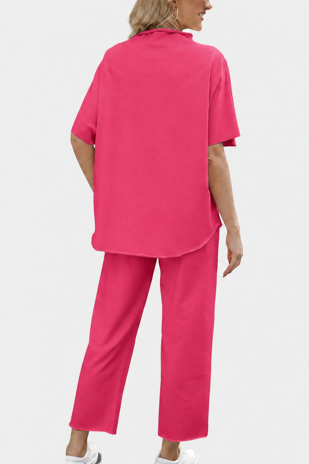 Marisela Mock-Neck Wide-Leg Lounge Set — Raspberry