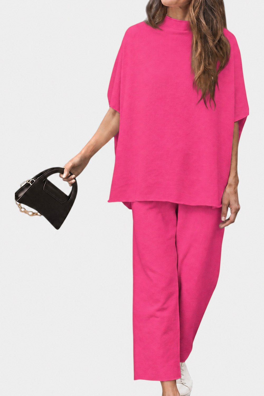 Marisela Mock-Neck Wide-Leg Lounge Set — Raspberry