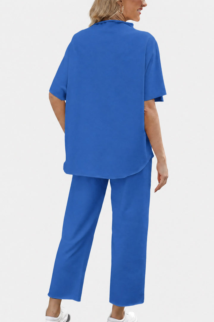 Marisela Mock-Neck Wide-Leg Lounge Set — Royal Blue
