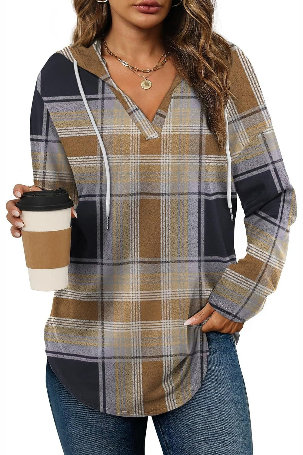 Marlowe Plaid Hooded Tunic — Black &amp; Camel