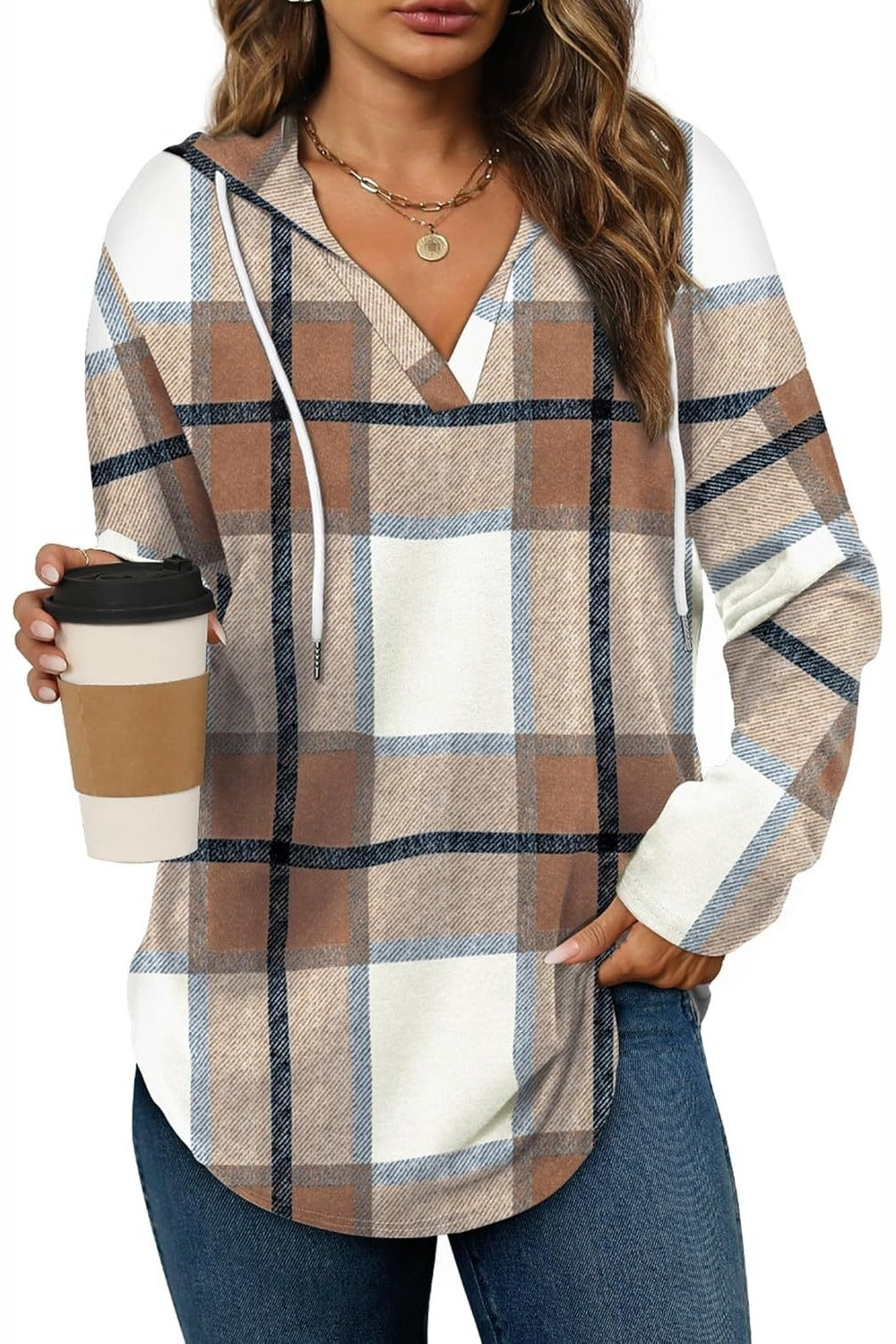 Marlowe Plaid Hooded Tunic — Camel