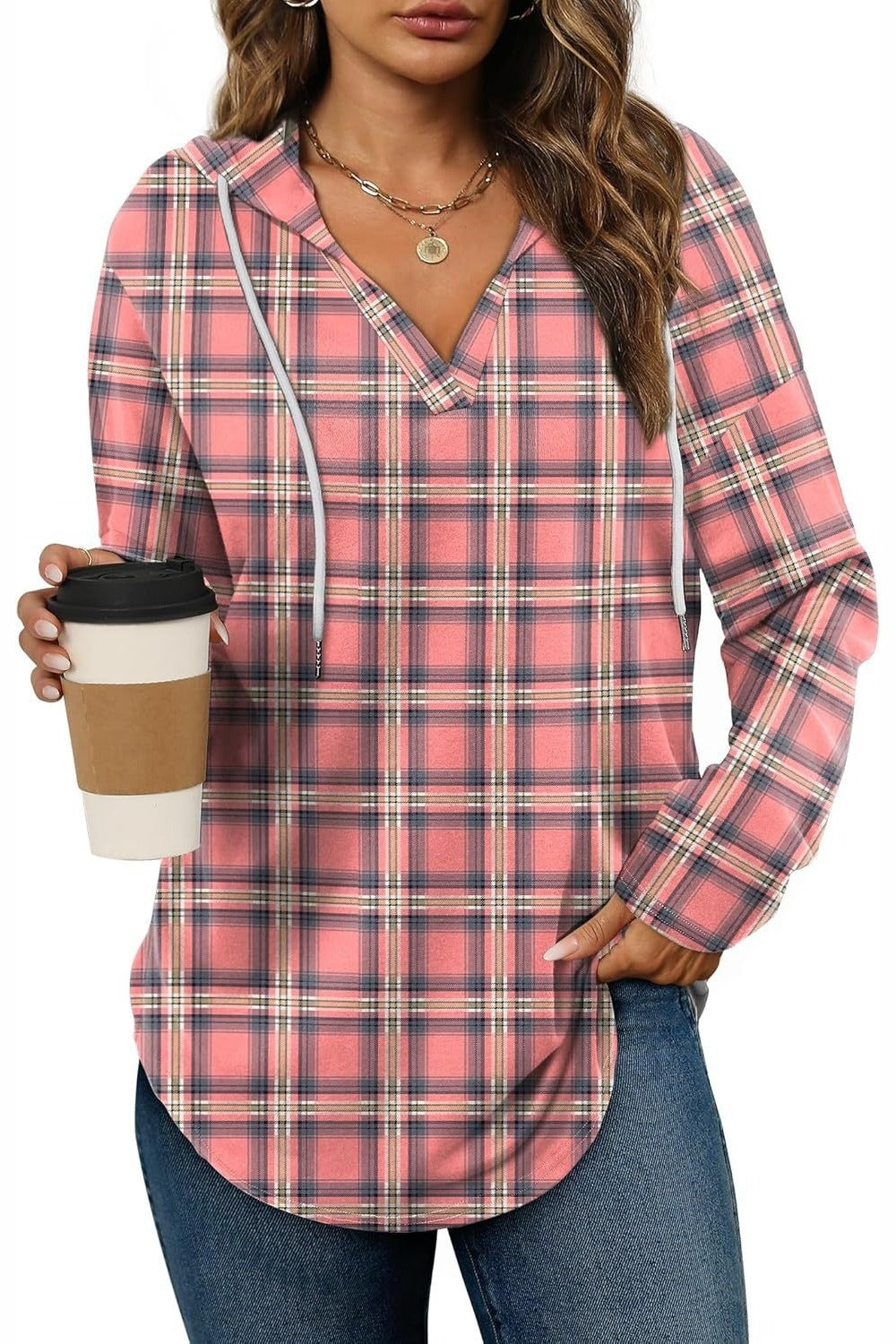 Marlowe Plaid Hooded Tunic — Coral