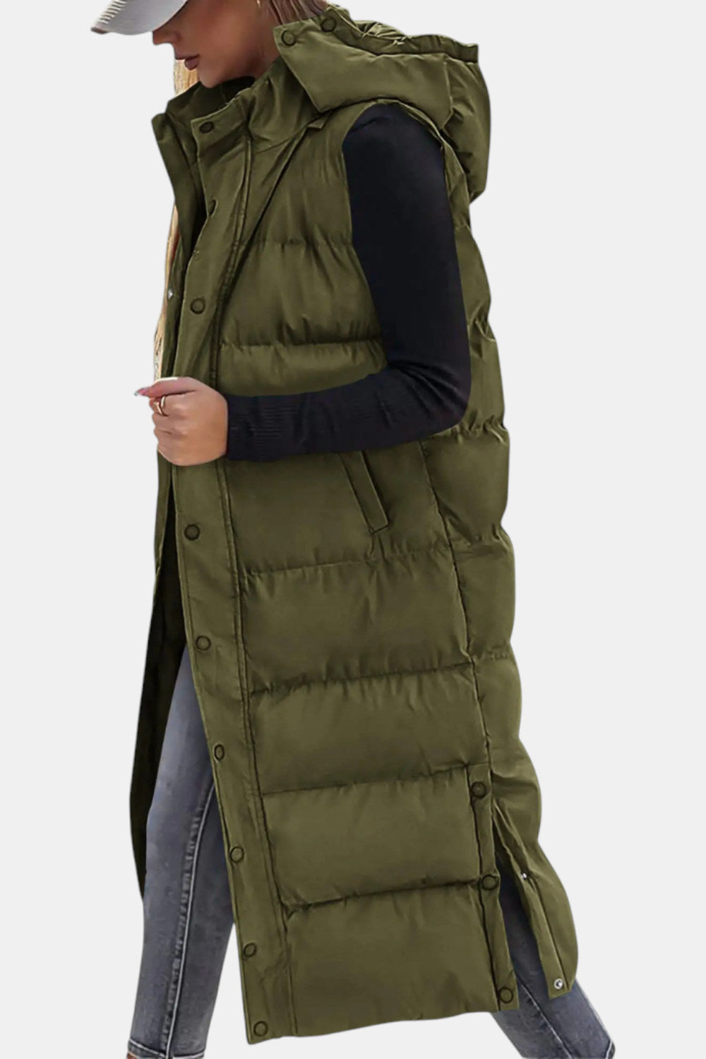 Odalys Quilted Hooded Maxi Puffer Vest — Army Green