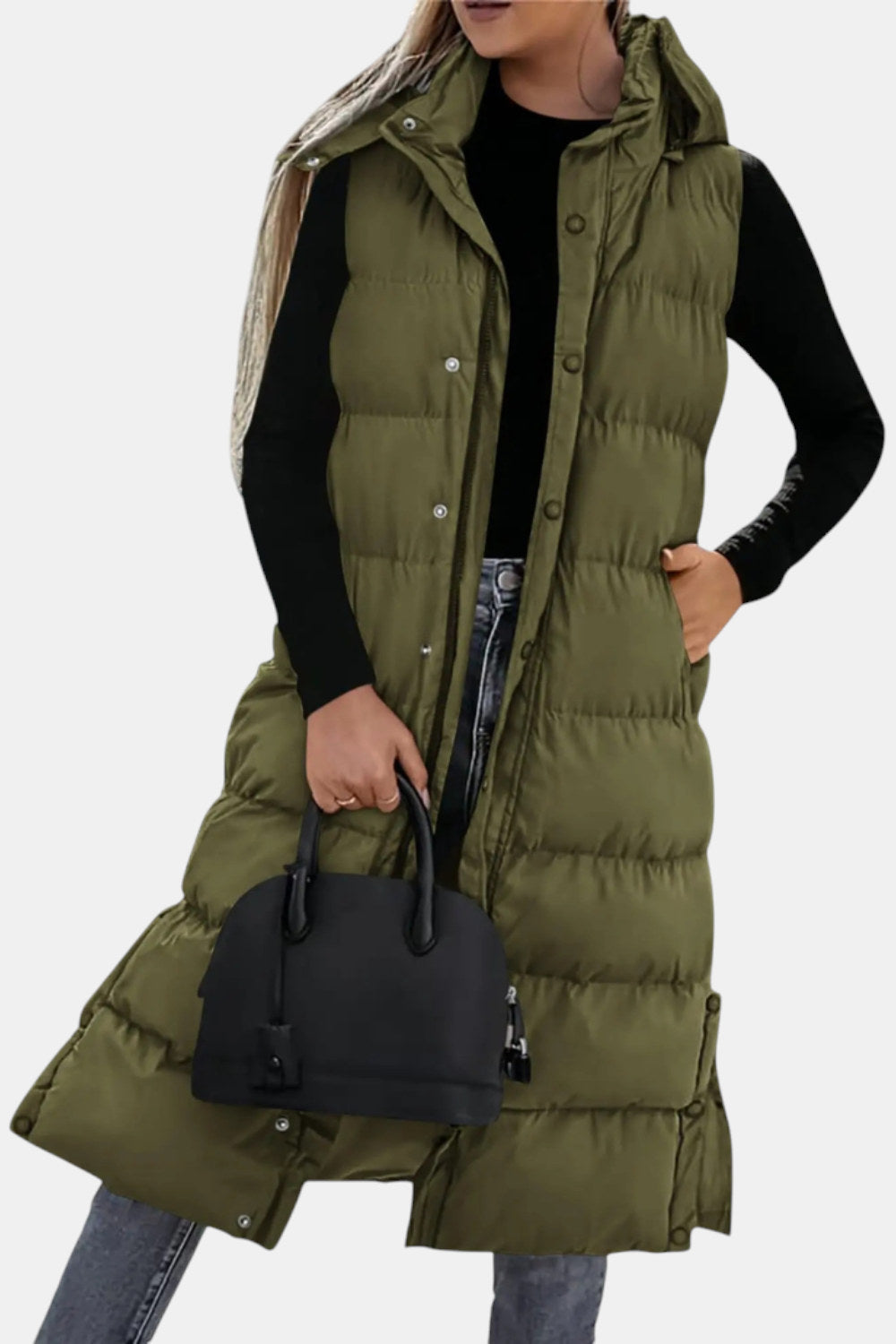 Odalys Quilted Hooded Maxi Puffer Vest — Army Green