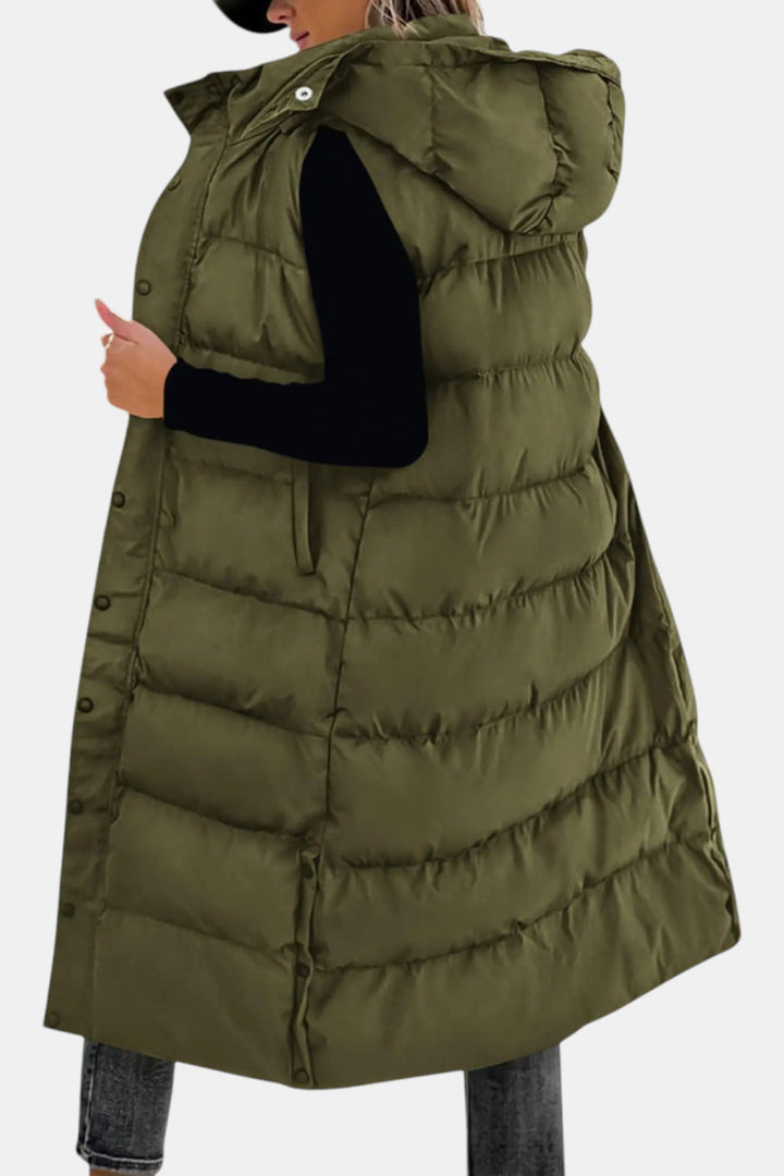 Odalys Quilted Hooded Maxi Puffer Vest — Army Green