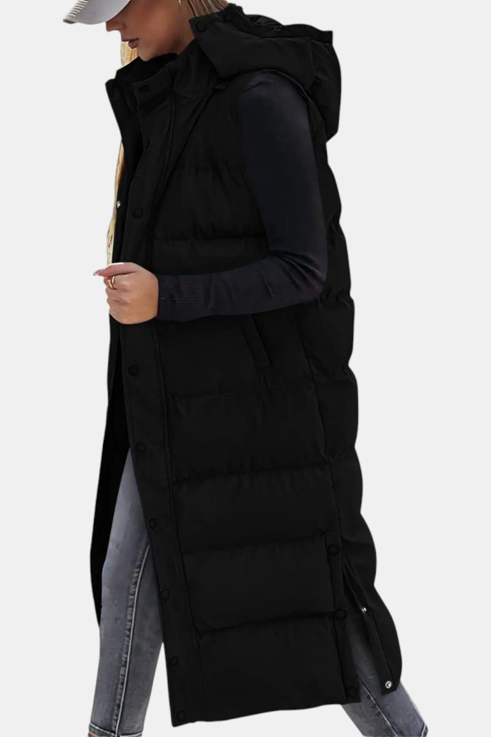 Odalys Quilted Hooded Maxi Puffer Vest — Black