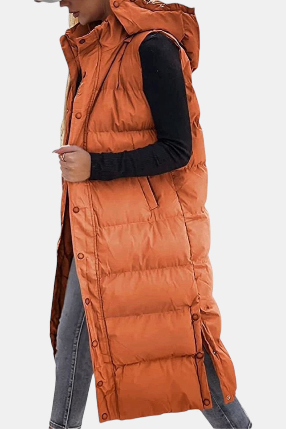 Odalys Quilted Hooded Maxi Puffer Vest — Burnt Orange