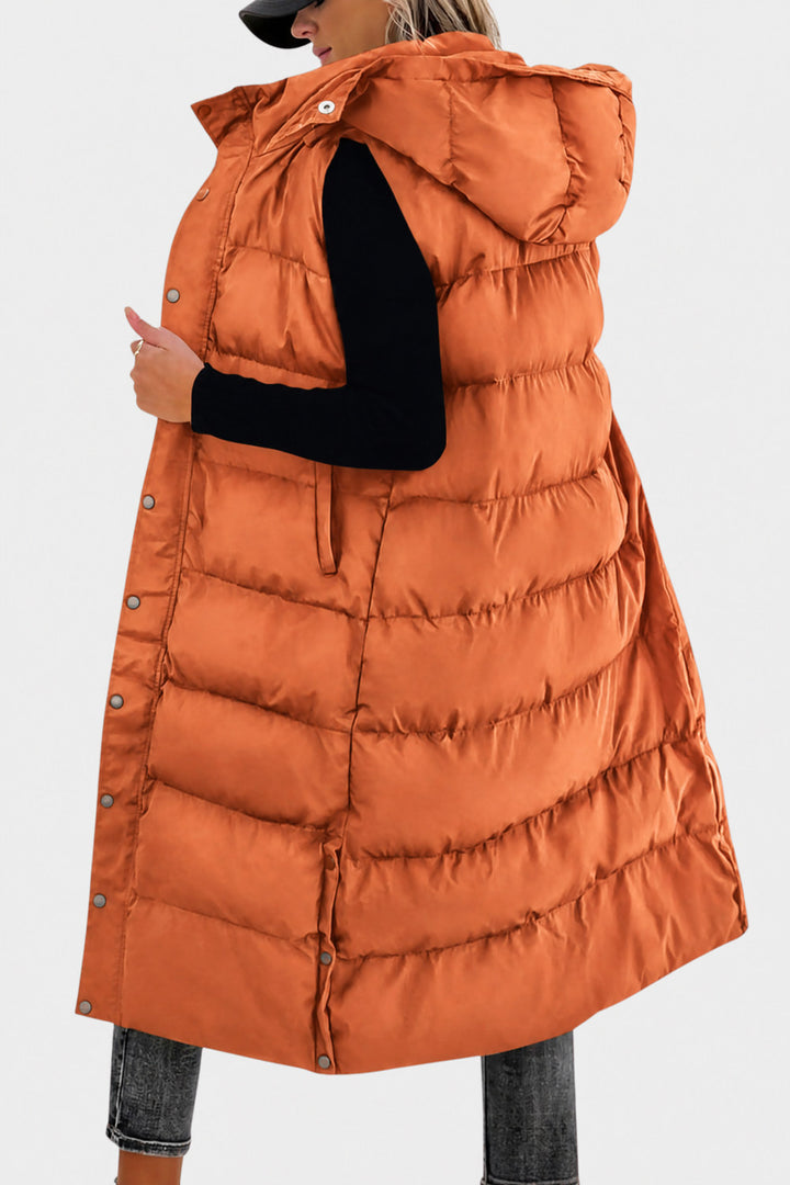 Odalys Quilted Hooded Maxi Puffer Vest — Burnt Orange