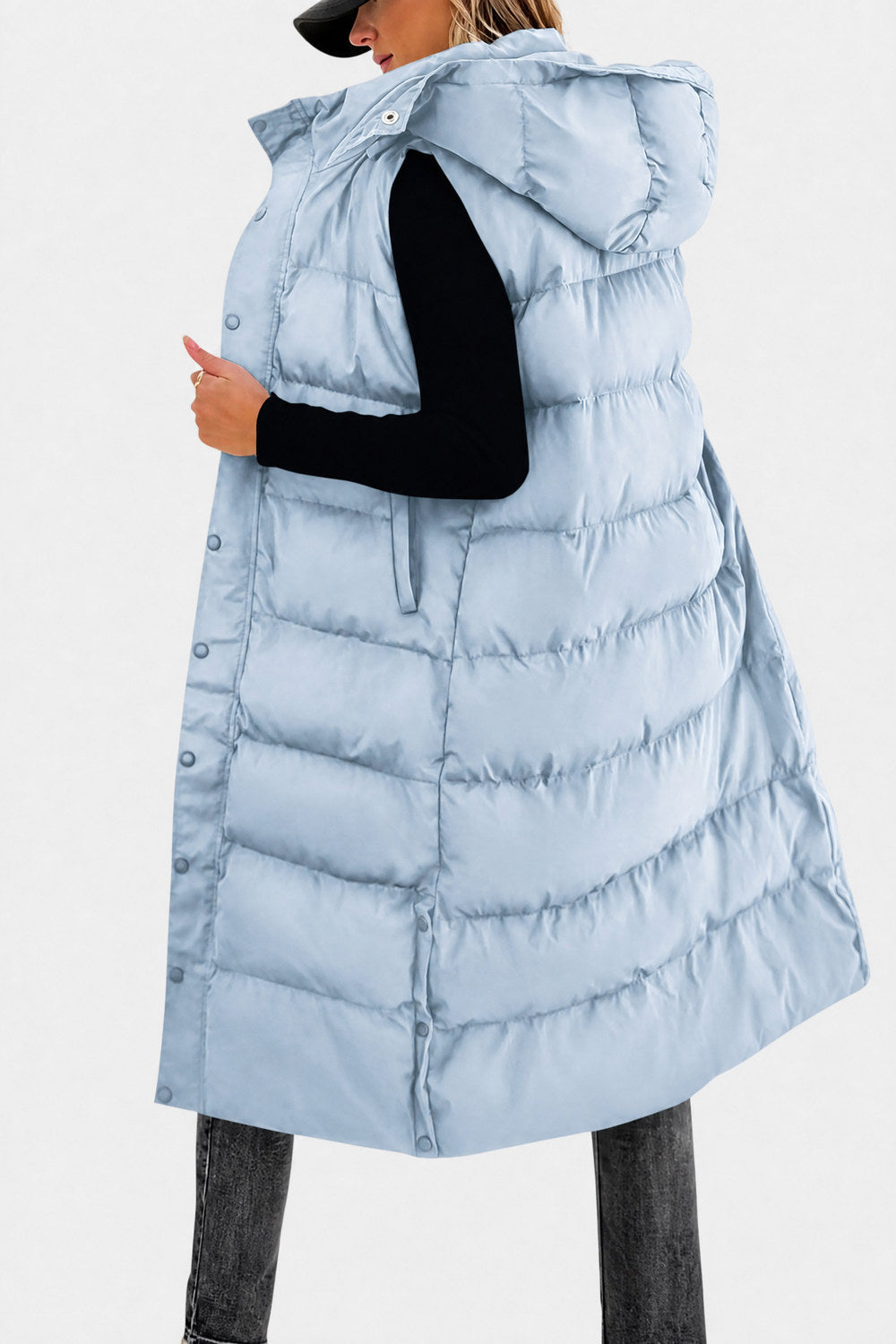 Odalys Quilted Hooded Maxi Puffer Vest — Sky Blue