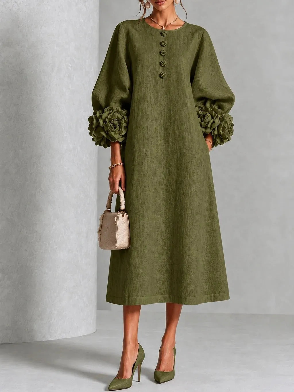 Ivy Floral Midi Dress with Rose-cuff Sleeves in olive