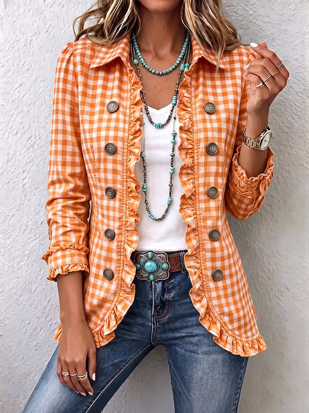 Charlene Gingham Ruffled Button-down Jacket in orange