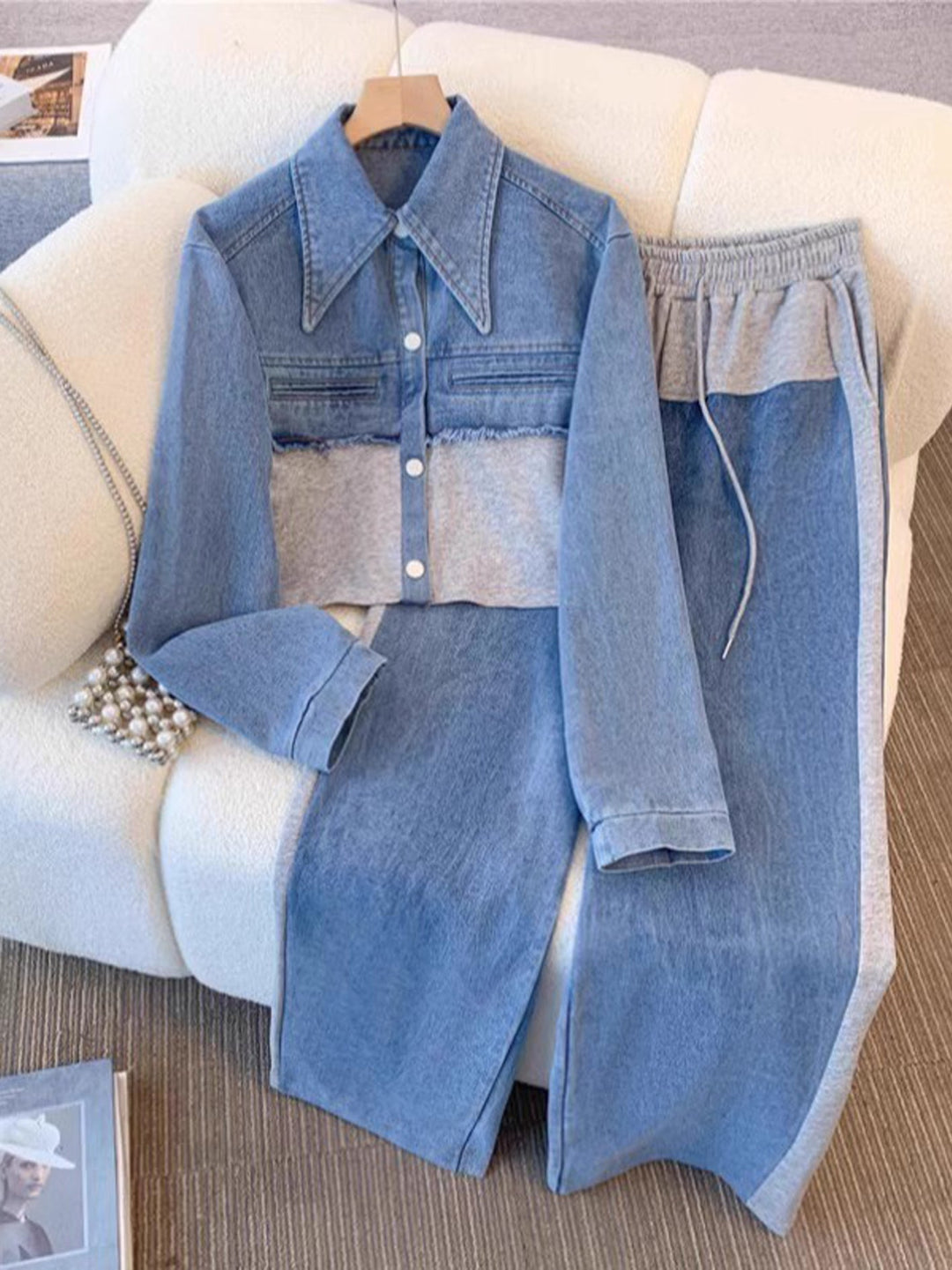 Holbrook Color-block Cropped Jacket Wide-leg in grey