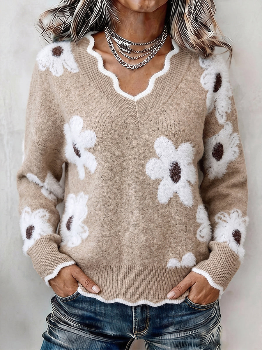 Ellsbeth Floral Knit Scalloped V-neck in khaki