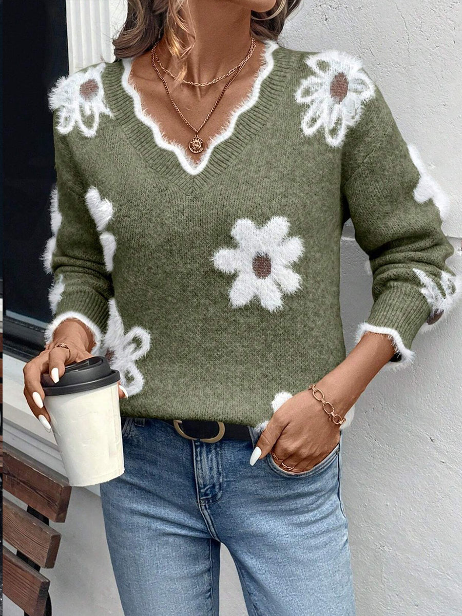 Ellsbeth Floral Knit Scalloped V-neck in green