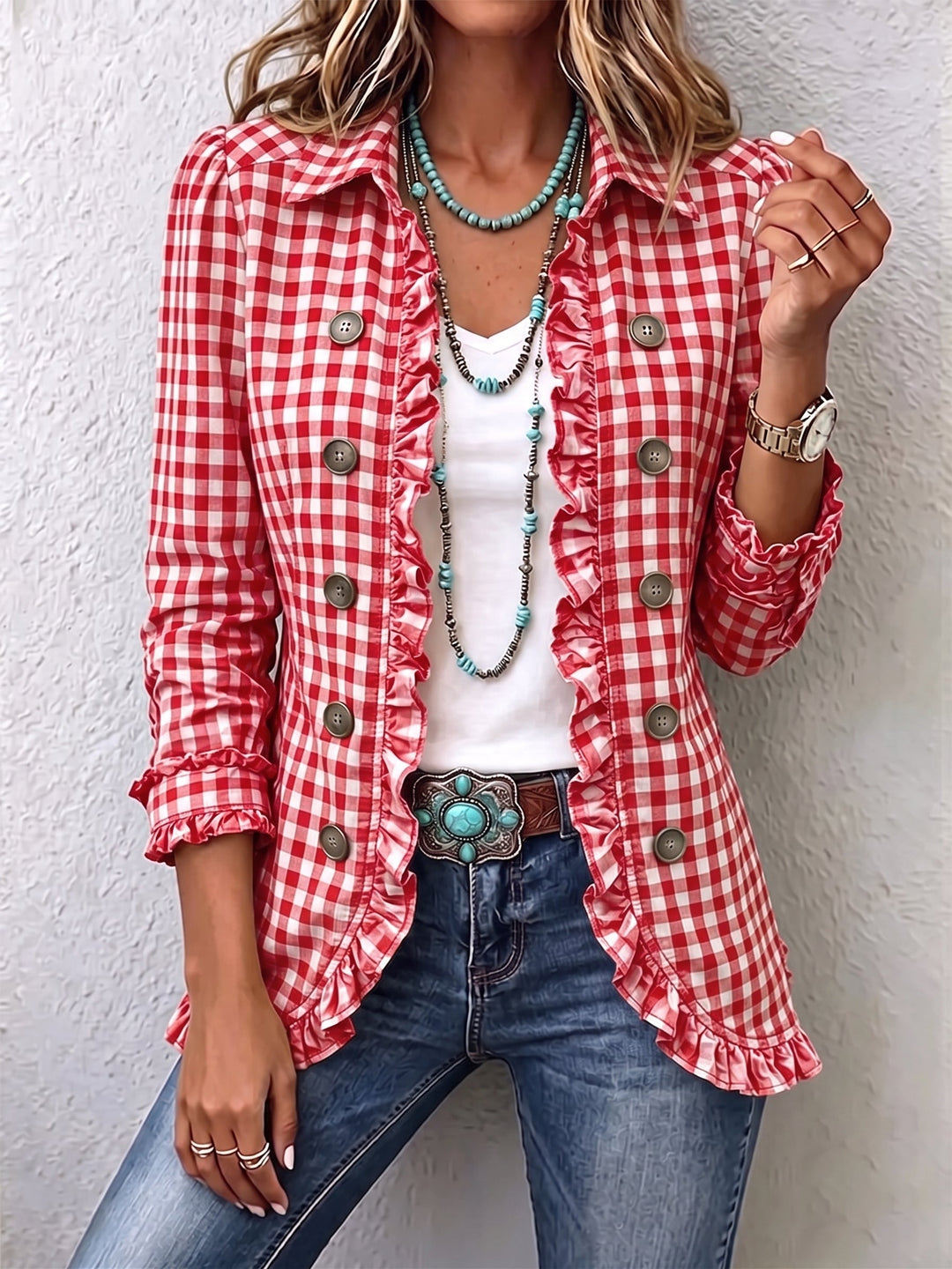 Charlene Gingham Ruffled Button-down Jacket in red