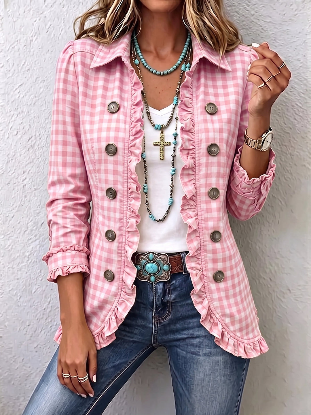 Charlene Gingham Ruffled Button-down Jacket in pink