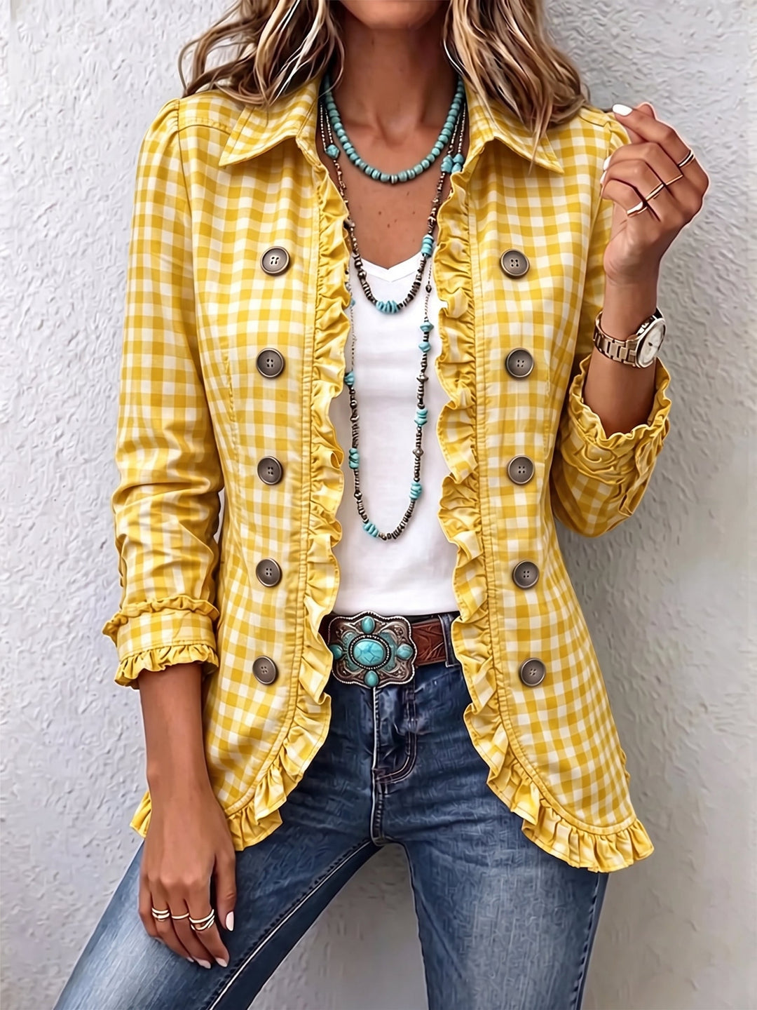 Charlene Gingham Ruffled Button-down Jacket in yellow