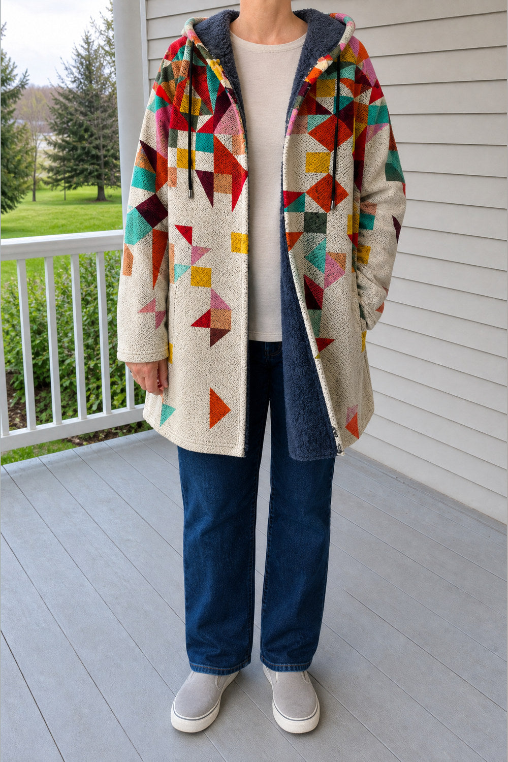 Palmira Patchwork Hooded Coat — Cream Patchwork